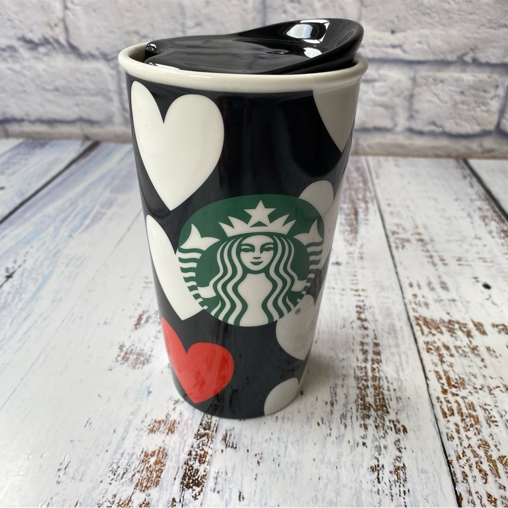 Starbucks 2015 Ceramic Coffee Cup Tea Mug Tumbler Red White Hearts Black 12 oz